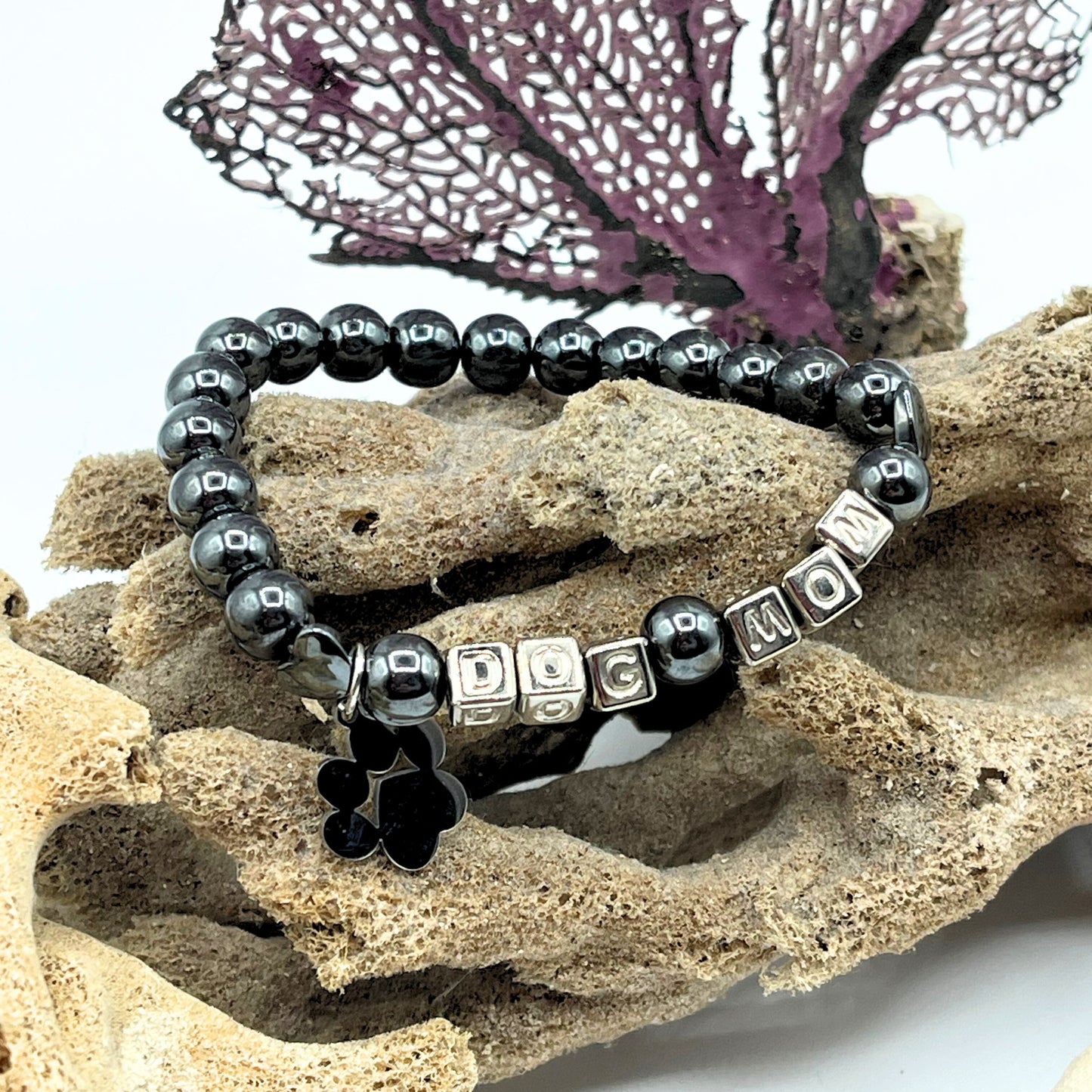 hematite Silver Dog Mom Bracelet with Dog Paw Charm