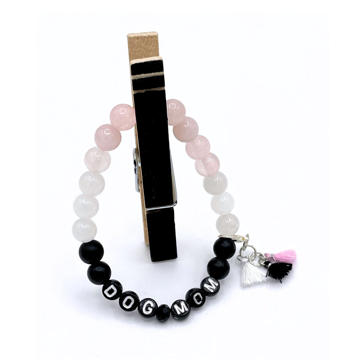 Dog Mom Mala Bracelet - Rose Quartz, White Chalcedony & Matte Black Agate