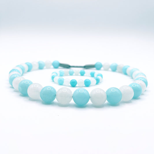 Dog Mala - Custom Beaded Amazonite & White Chalcedony  Dog Collar