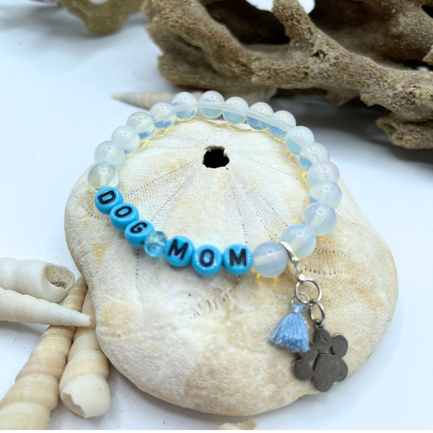 blue beaded dog mom with moonstone beads