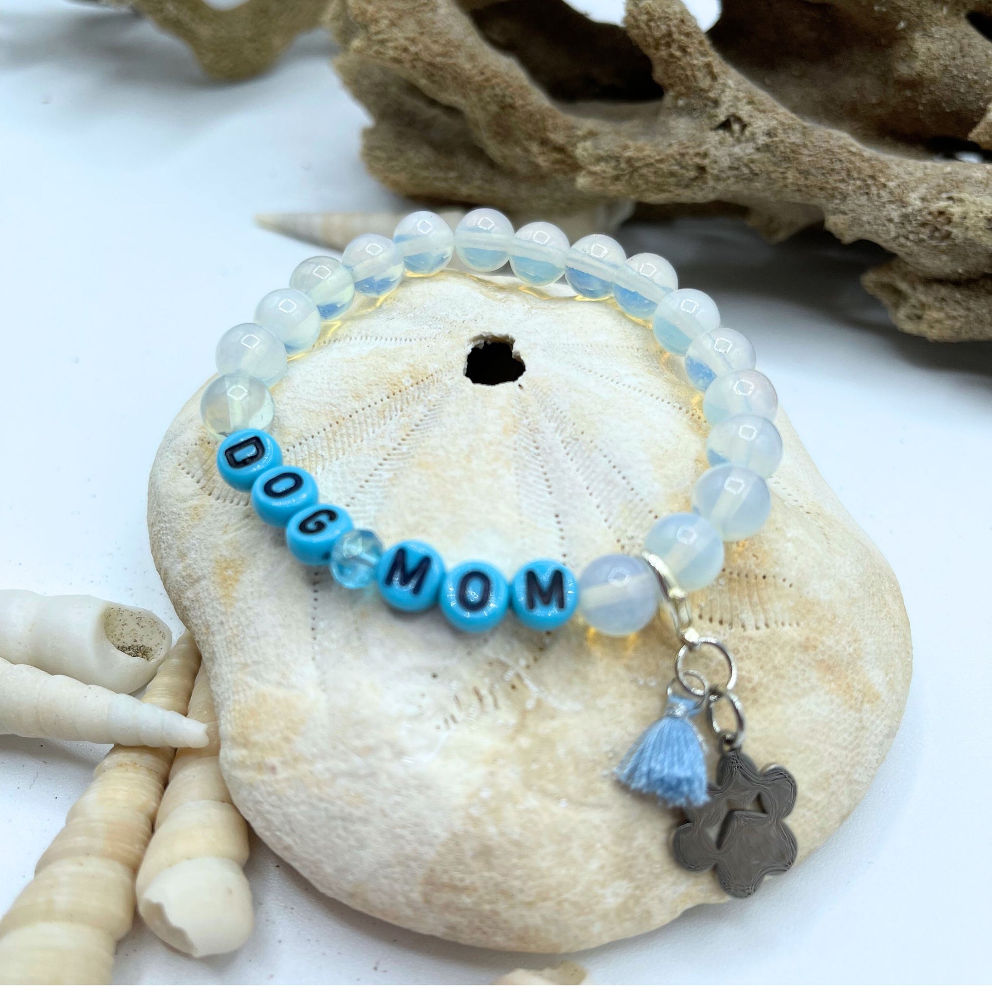 blue beaded dog mom with moonstone beads