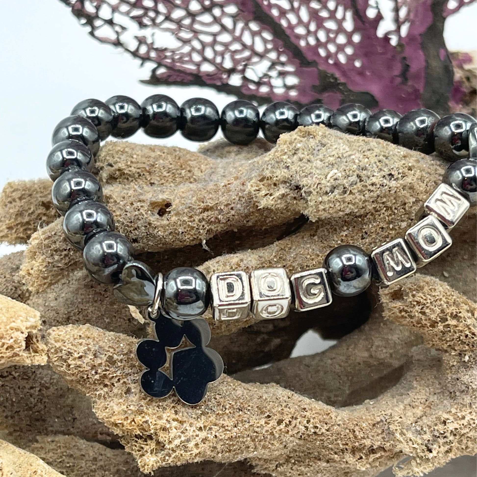 hematite Silver Dog Mom Bracelet with Dog Paw Charm close up