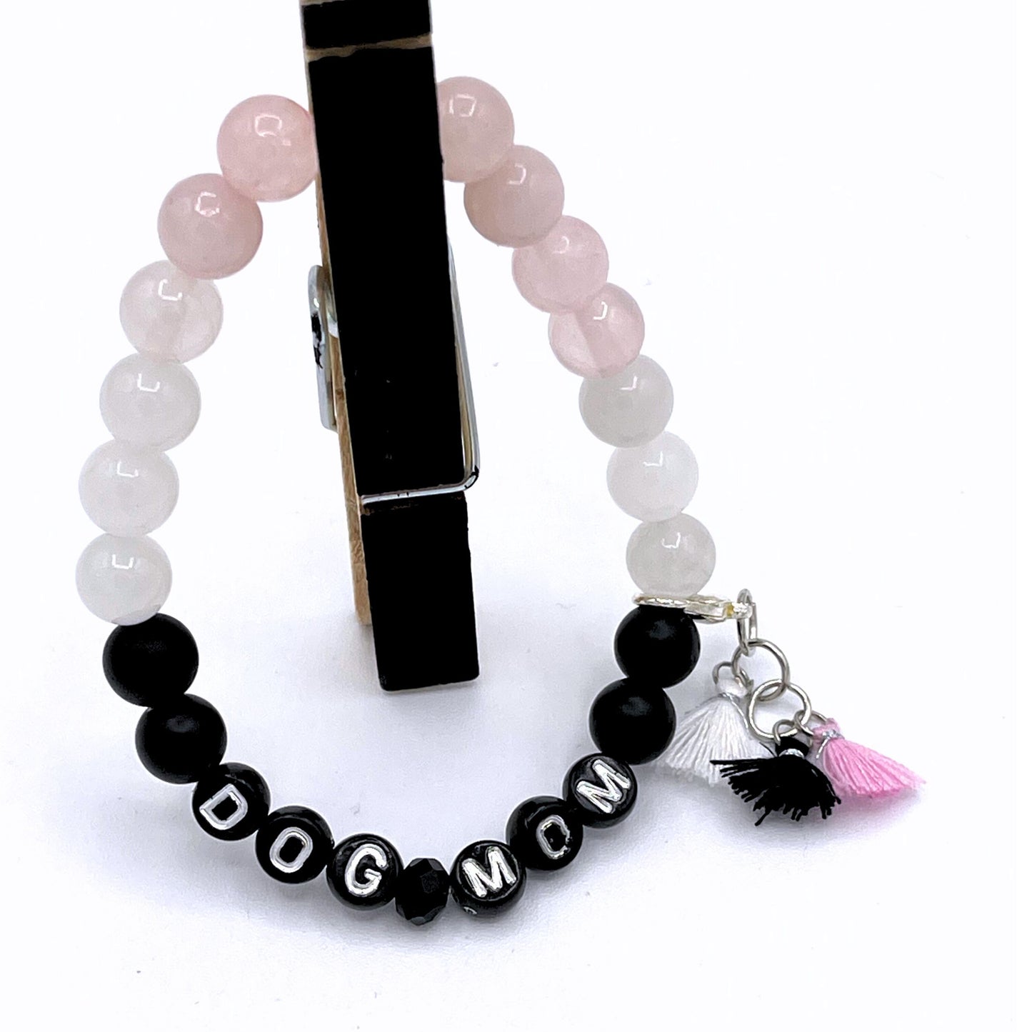 Dog Mom Mala Bracelet - Rose Quartz, White Chalcedony & Matte Black Agate