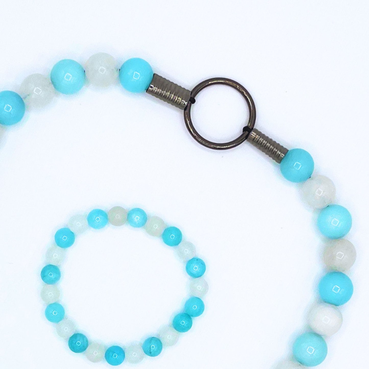 Dog Mala - Custom Beaded Amazonite & White Chalcedony  Dog Collar