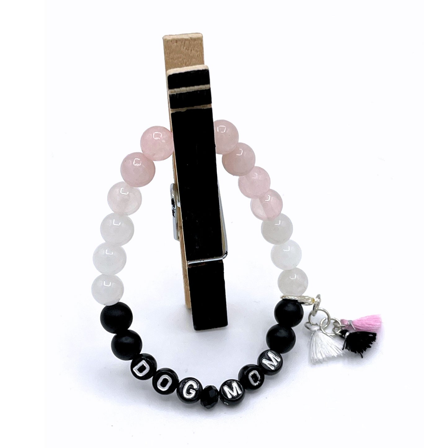 Dog Mom Mala Bracelet - Rose Quartz, White Chalcedony & Matte Black Agate