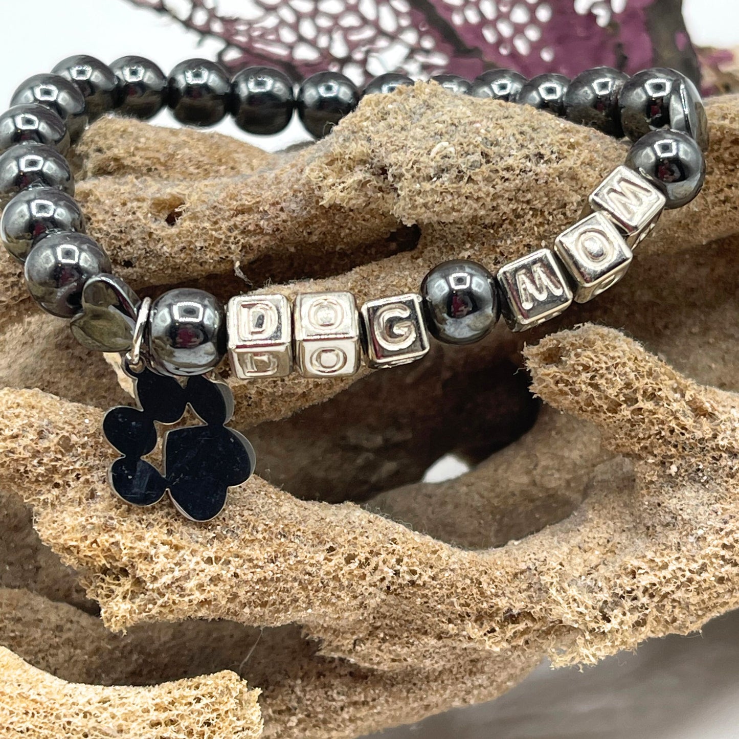 hematite Silver Dog Mom Bracelet with Dog Paw Charm and hearts