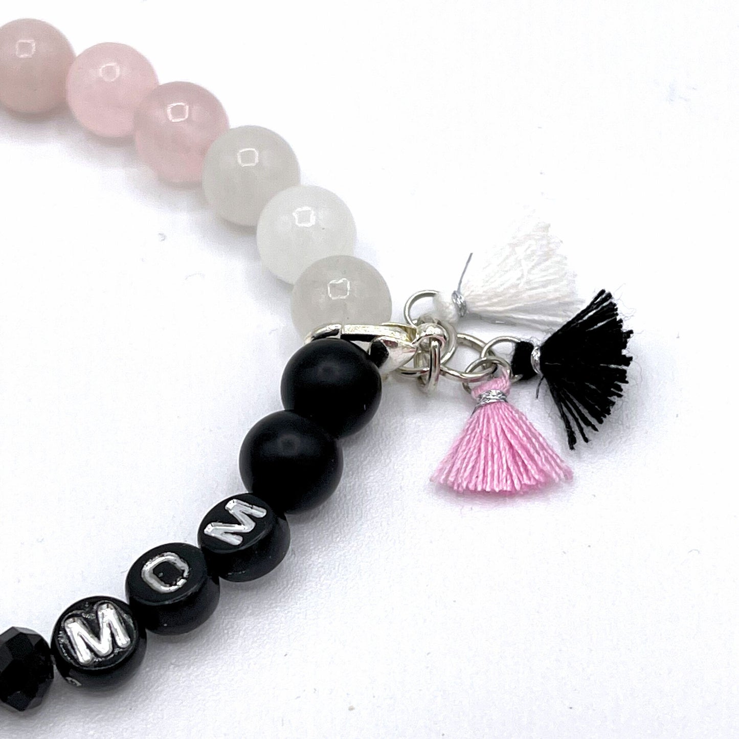 Dog Mom Mala Bracelet - Rose Quartz, White Chalcedony & Matte Black Agate