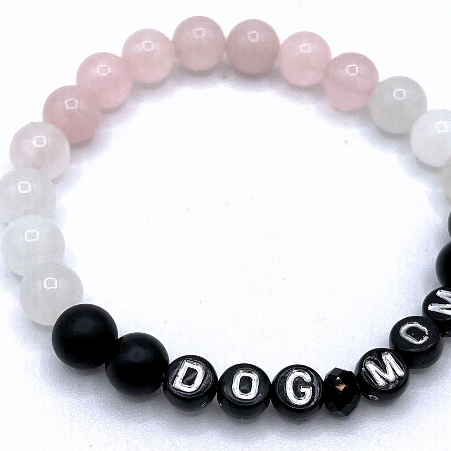 Dog Mom Mala Bracelet - Rose Quartz, White Chalcedony & Matte Black Agate