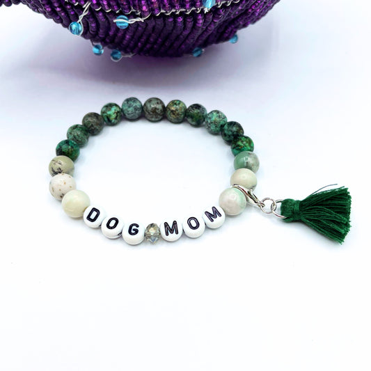 African Turquoise Dog Mom Bracelet with fauceted crystal and detachable tassel