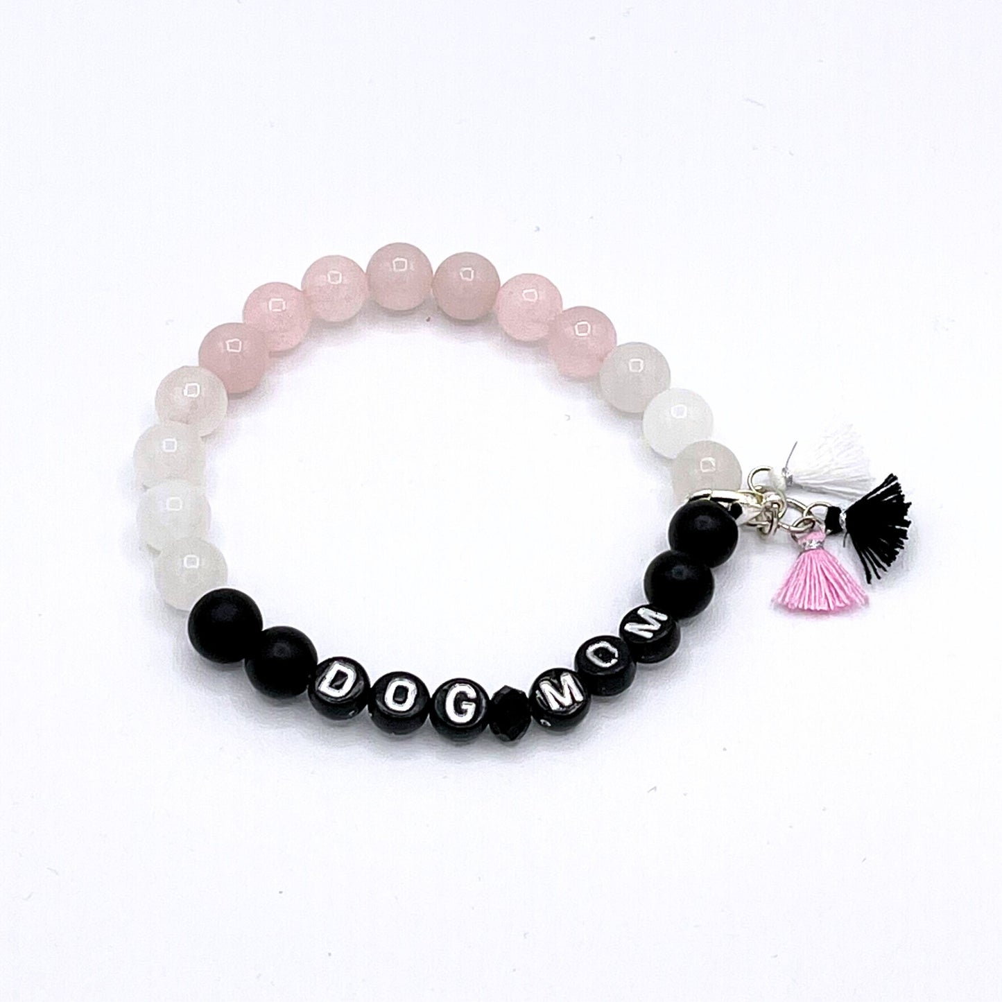 Dog Mom Mala Bracelet - Rose Quartz, White Chalcedony & Matte Black Agate