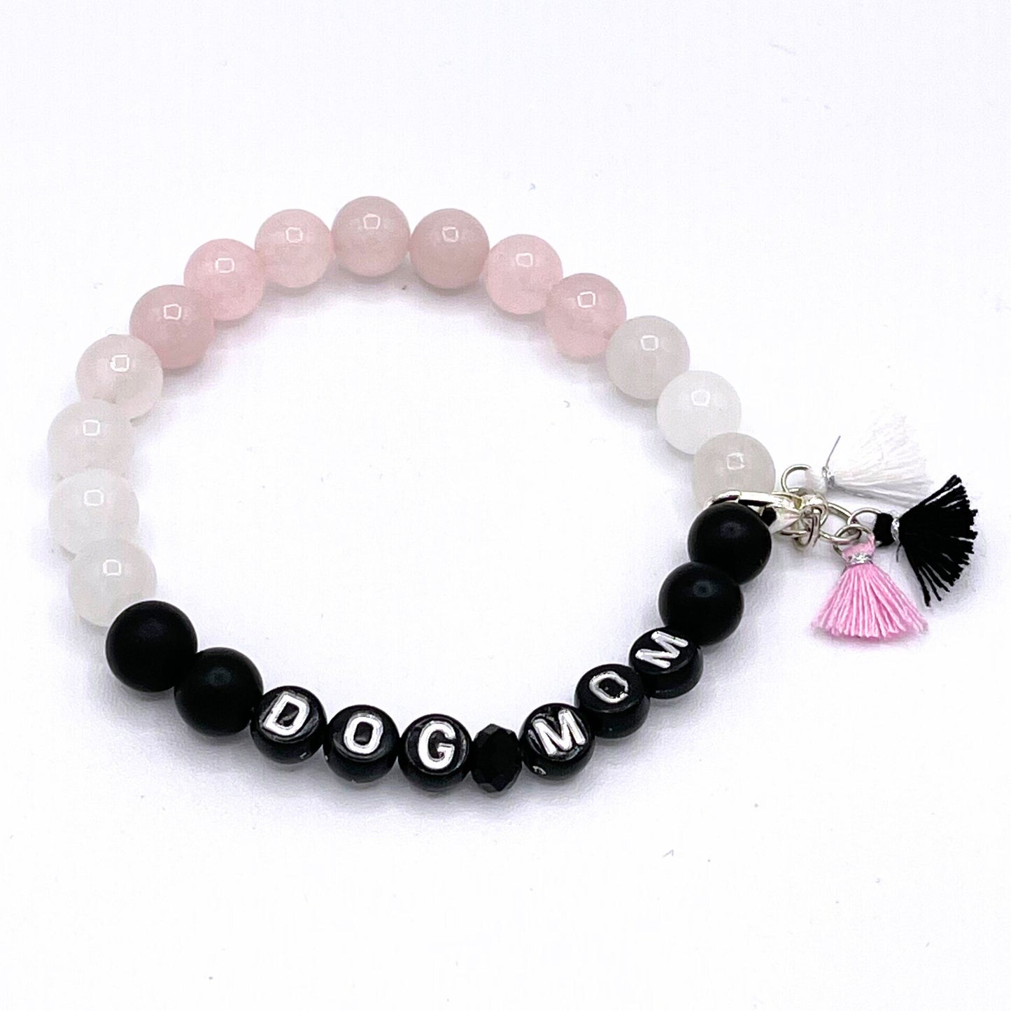 Dog Mom Mala Bracelet - Rose Quartz, White Chalcedony & Matte Black Agate