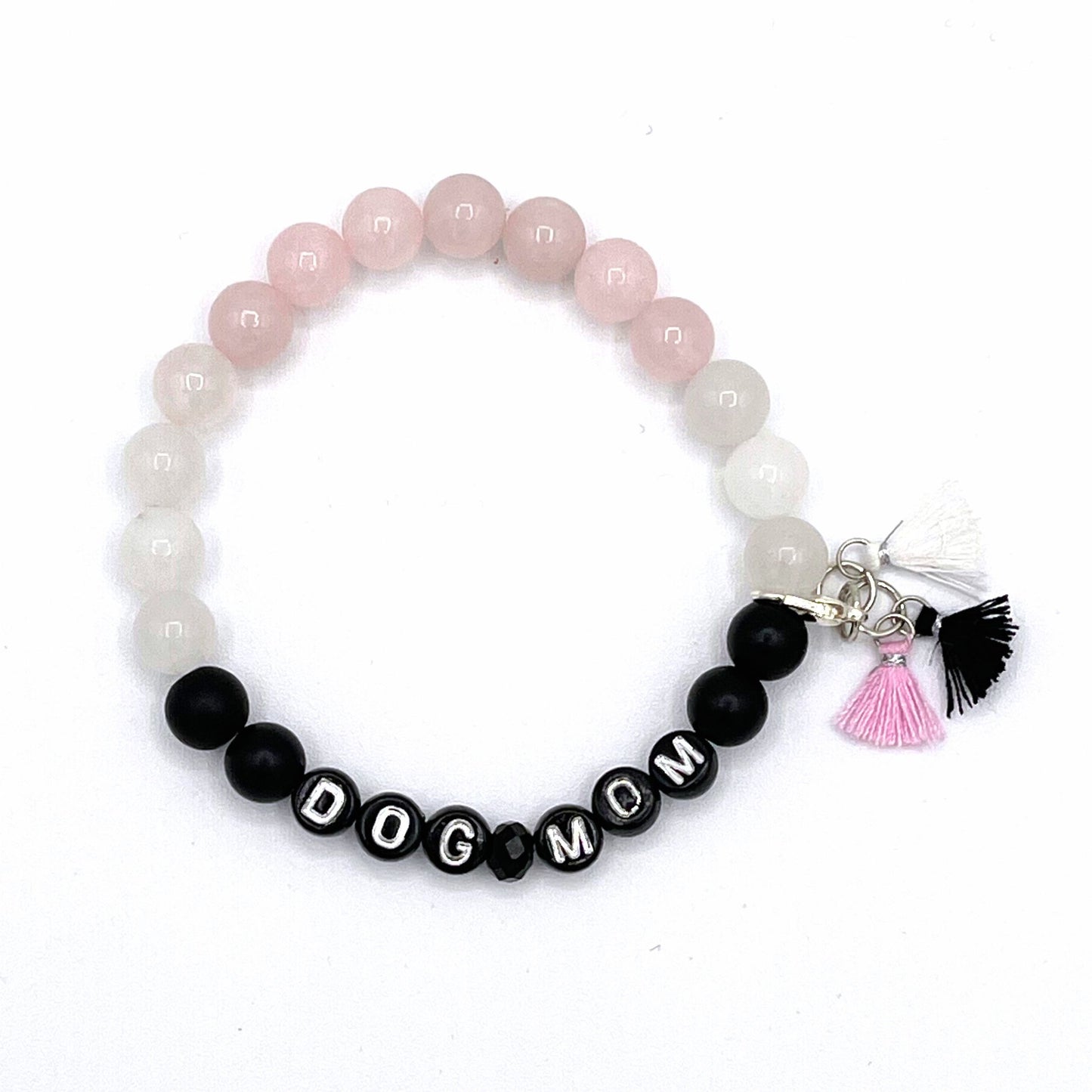 Dog Mom Mala Bracelet - Rose Quartz, White Chalcedony & Matte Black Agate