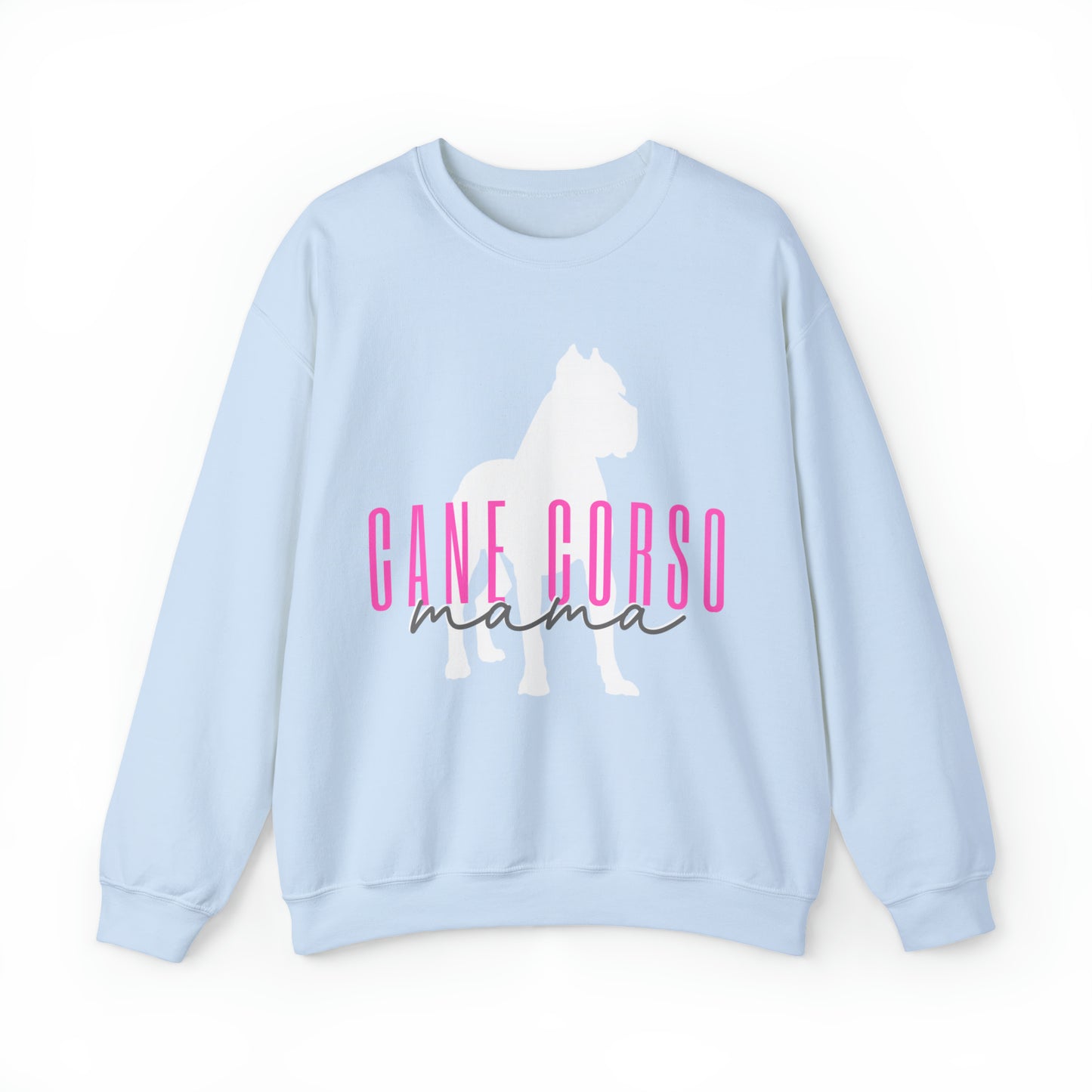 light blue cane corso mama sweatshirt with pink lettering