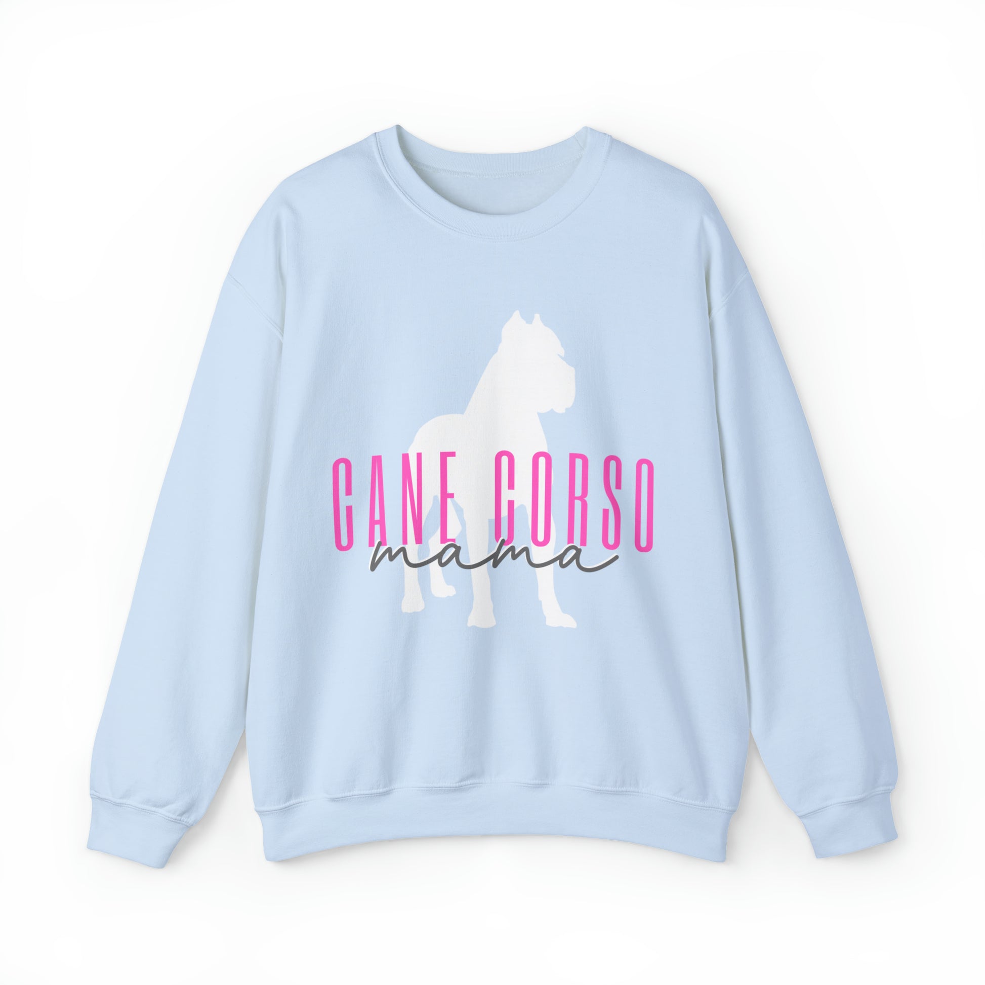 light blue cane corso mama sweatshirt with pink lettering