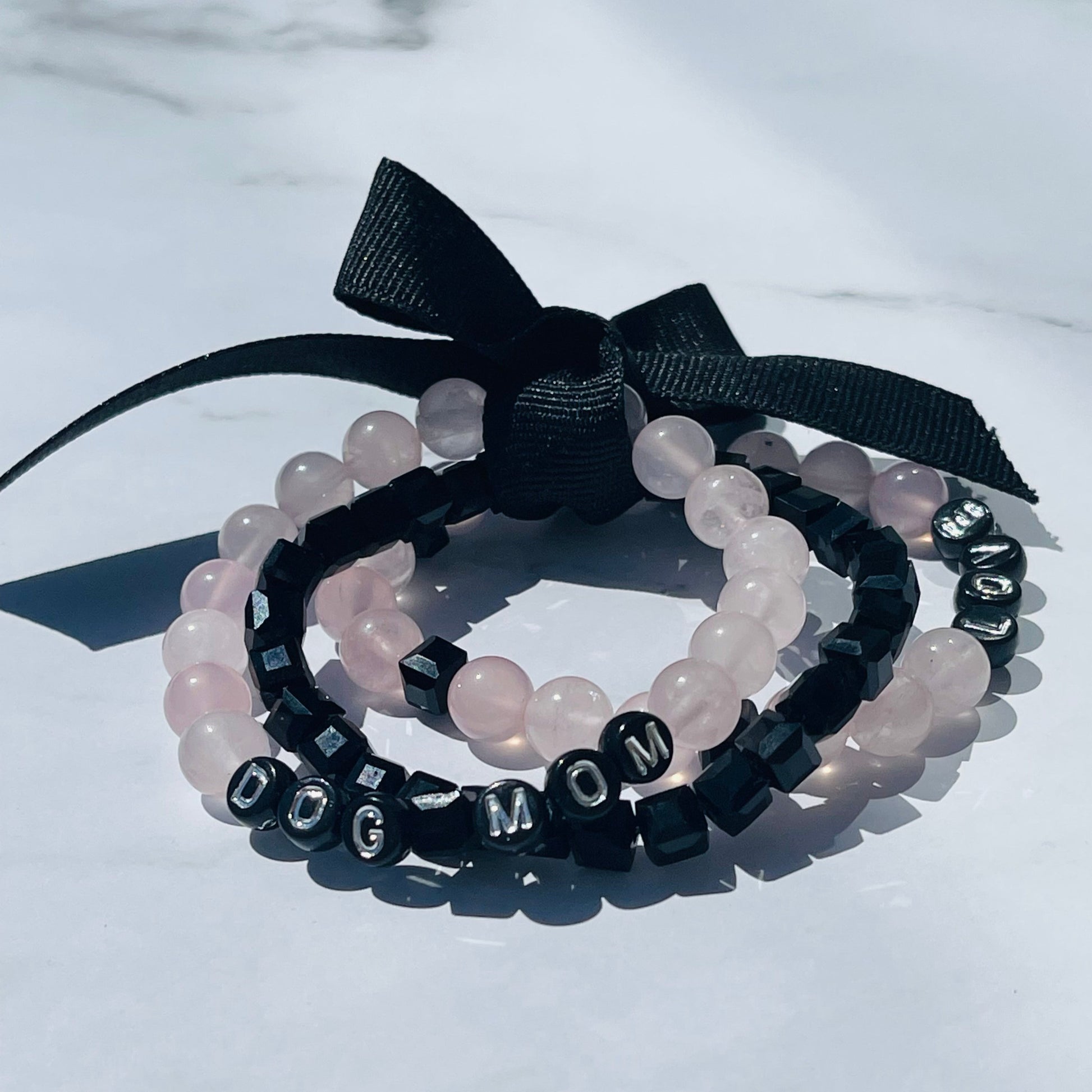 Dog Mom Bracelet Stack | Dog Love Bracelet Set | Rose Quartz Pet Jewelry | Natural Stone New Dog Bracelet | Pet Loss Gift | Custom Dog Gift | Cat Gift