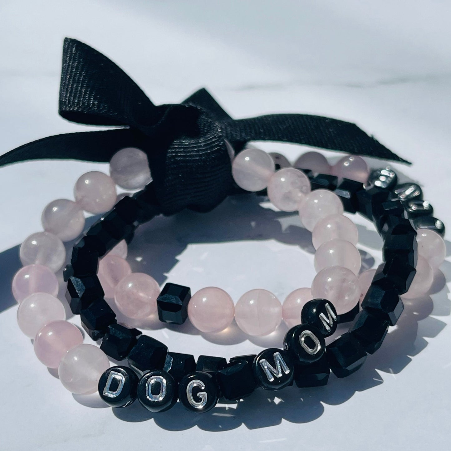 Dog Mom Bracelet Stack | Dog Love Bracelet Set | Rose Quartz Pet Jewelry | Natural Stone New Dog Bracelet | Pet Loss Gift | Custom Dog Gift | Cat Gift