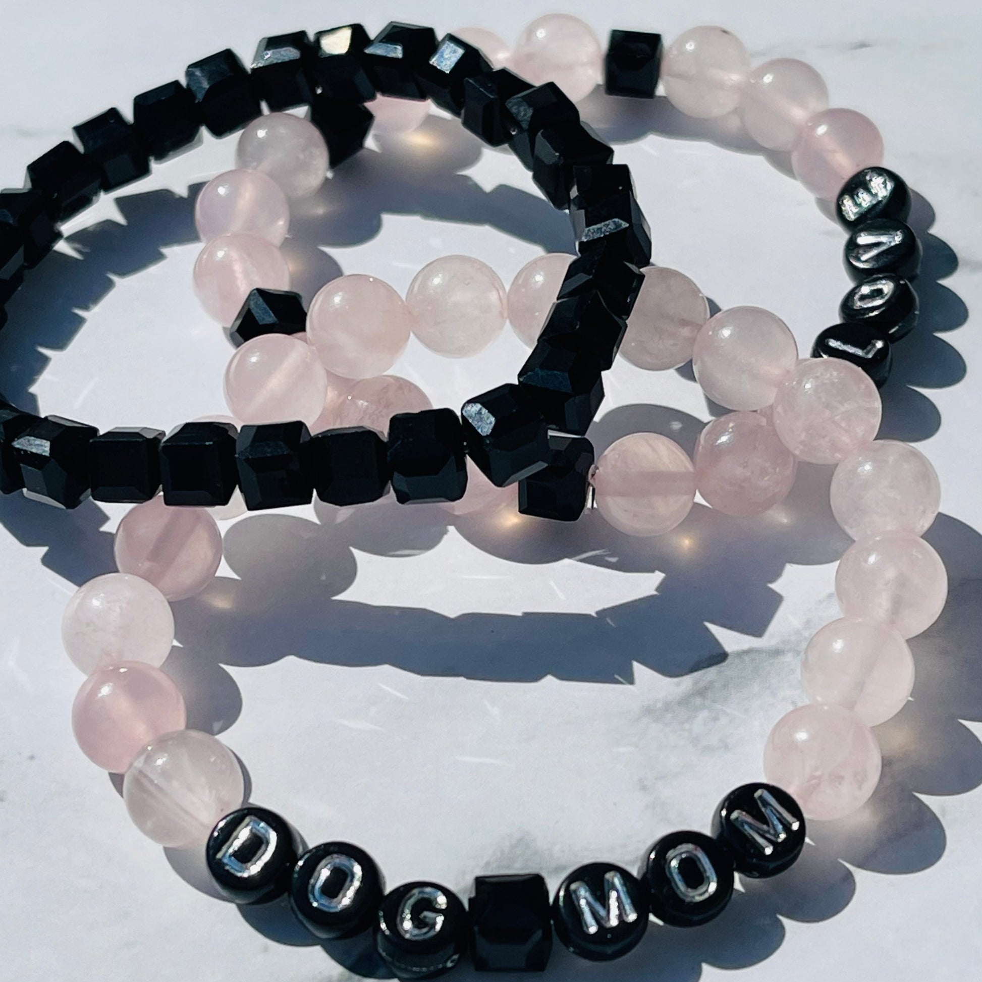 Dog Mom Bracelet Stack | Dog Love Bracelet Set | Rose Quartz Pet Jewelry | Natural Stone New Dog Bracelet | Pet Loss Gift | Custom Dog Gift | Cat Gift