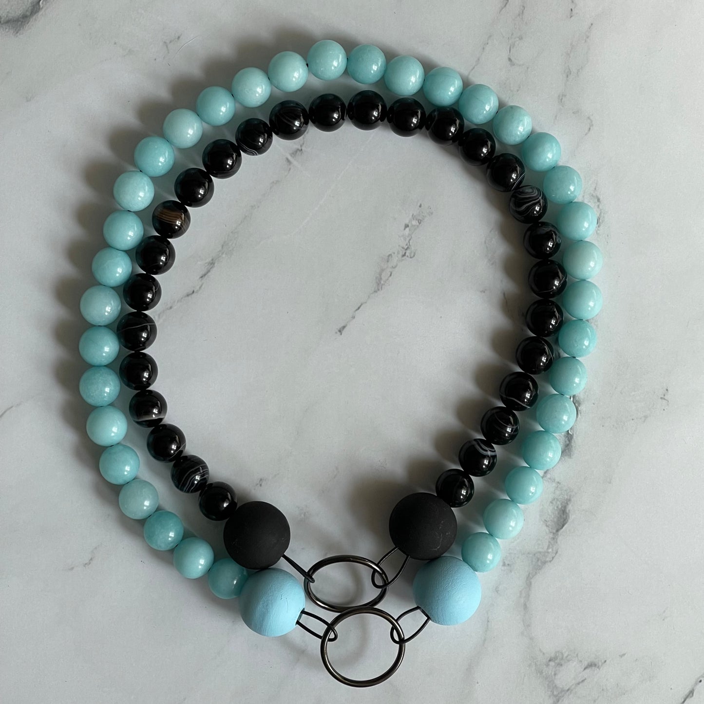 Blue Amazonite Gemstone Beaded Dog Collar and Black Agate Semi Precious Gemstone Dog Collar