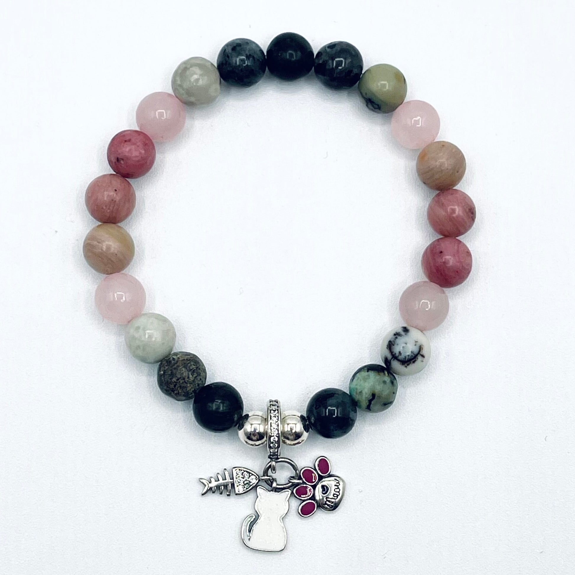 Cat Mom Gemstone and Sterling Silver Cat Charm Bracelet