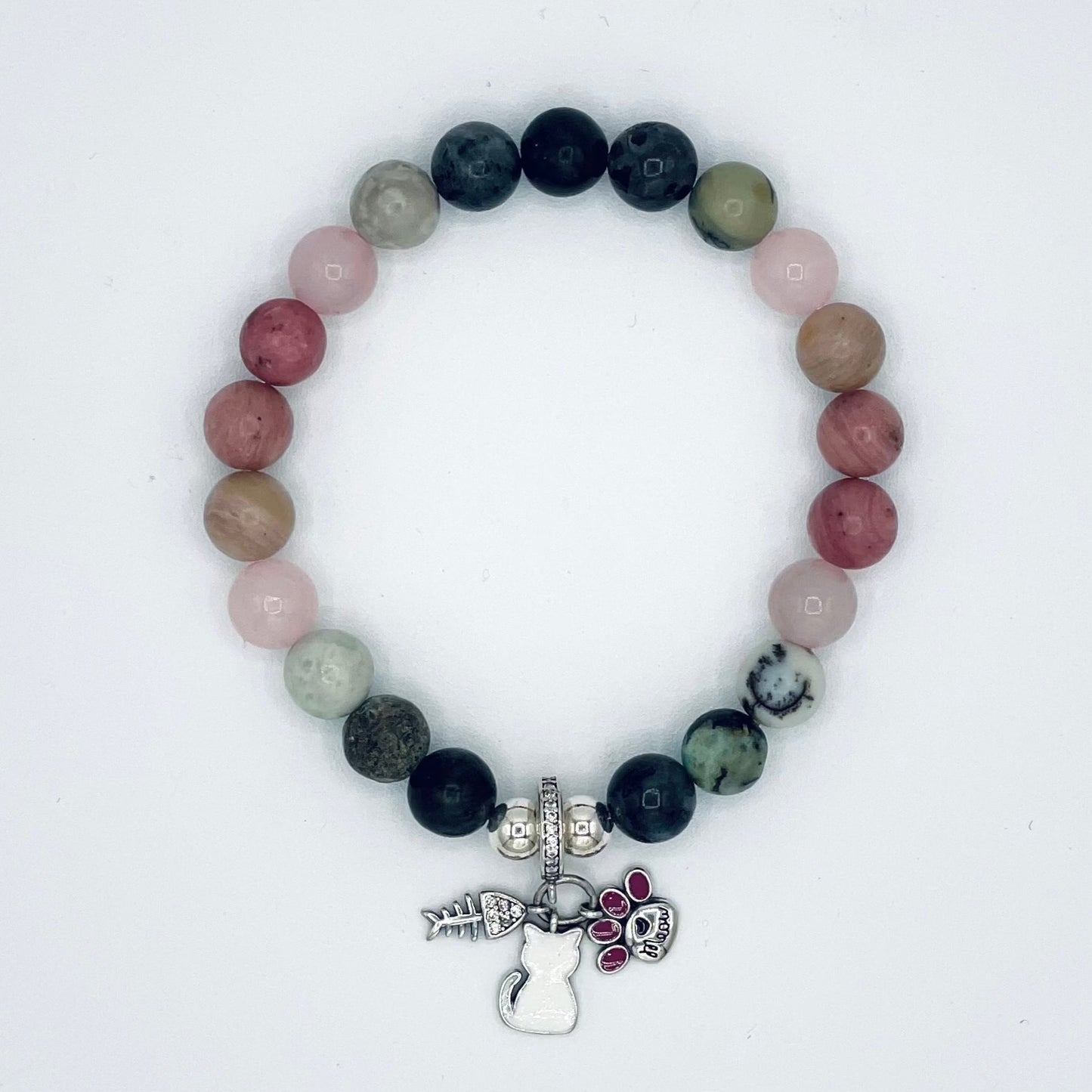 Rose Qyartz, Africa Turquoise, Rhondolite and Black Labradorite with Sterling Silver Cat Charm Bracelet