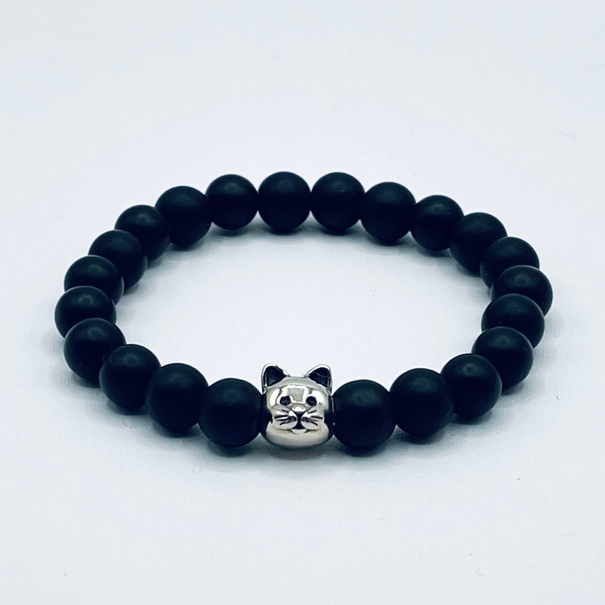 Black Matte Agate and Sterling Silver Cat Charm Bracelet