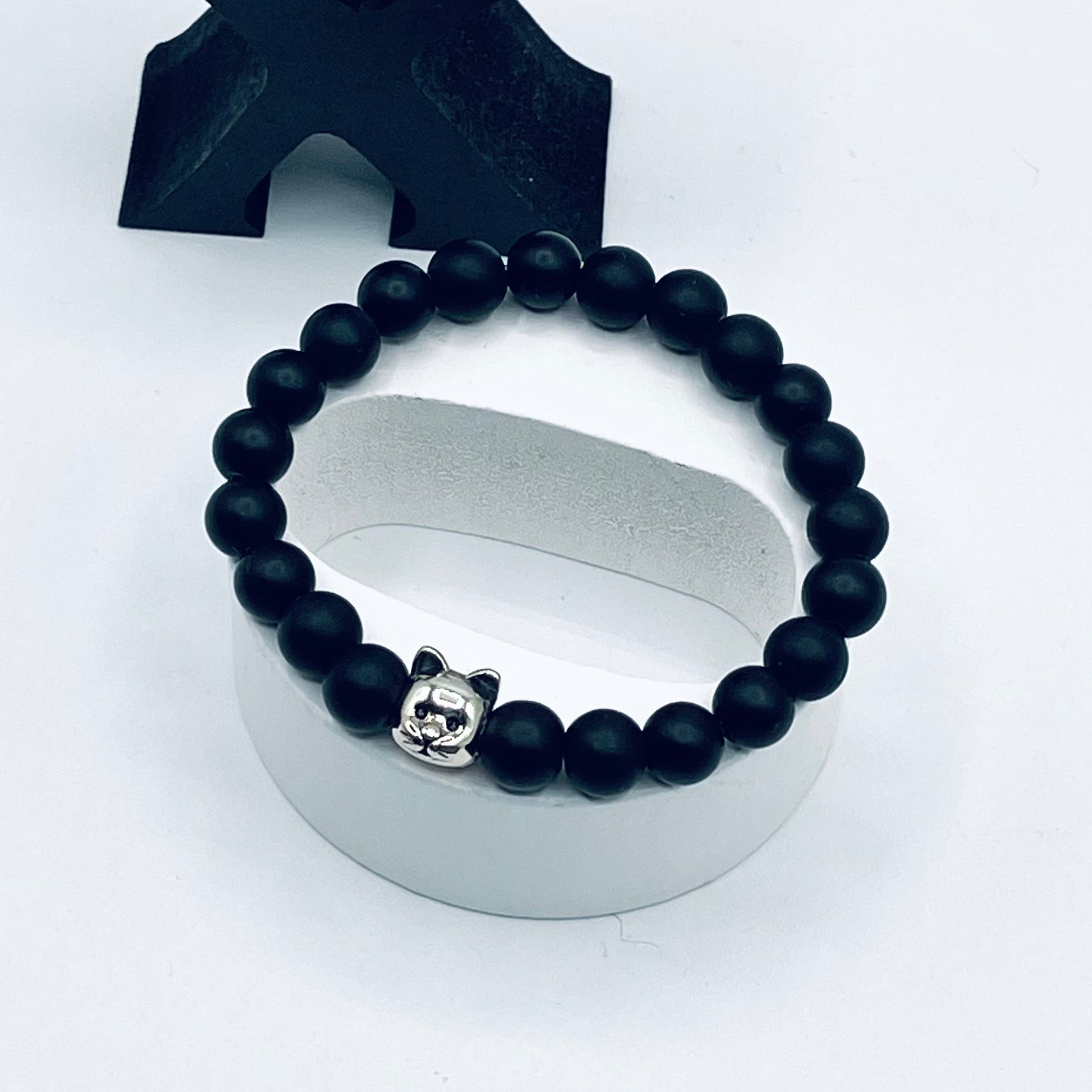 Matte Agate Stretch Bracelet with Sterling Silver Cat Charm