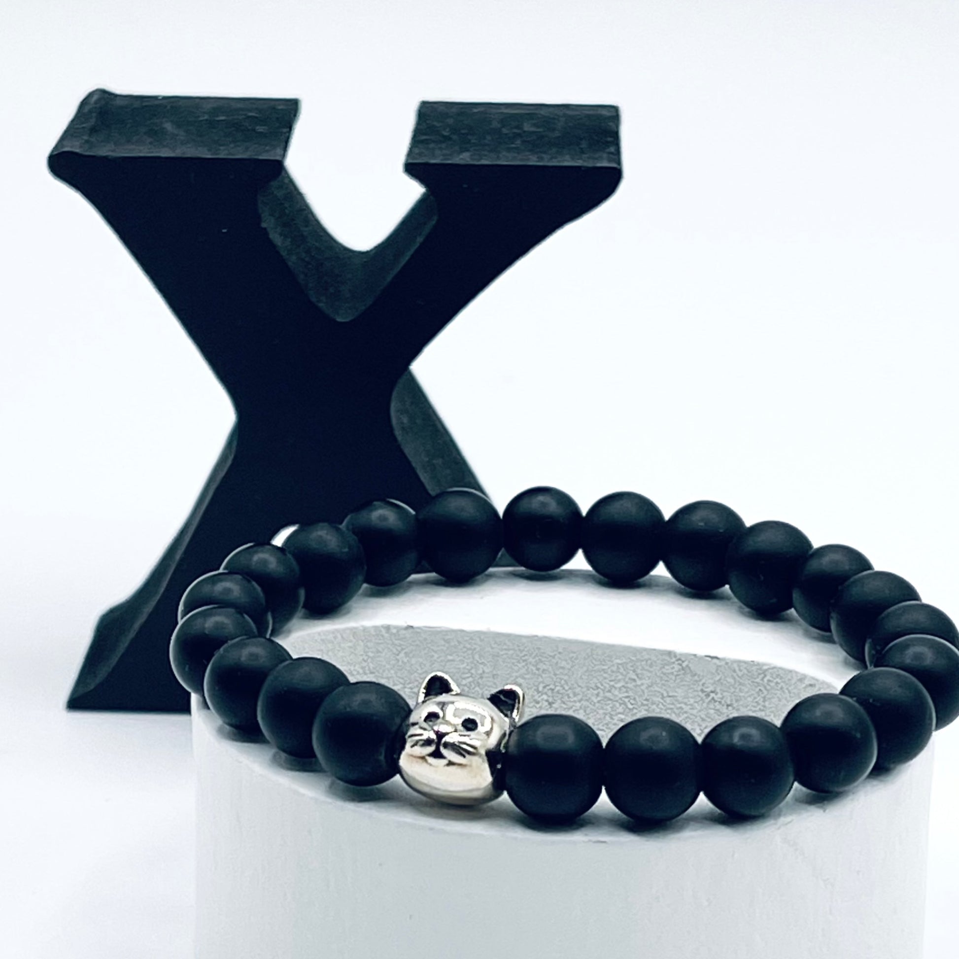 Sterling Silver Cat Face Charm on Matte Black Agate Stretch Bracelet