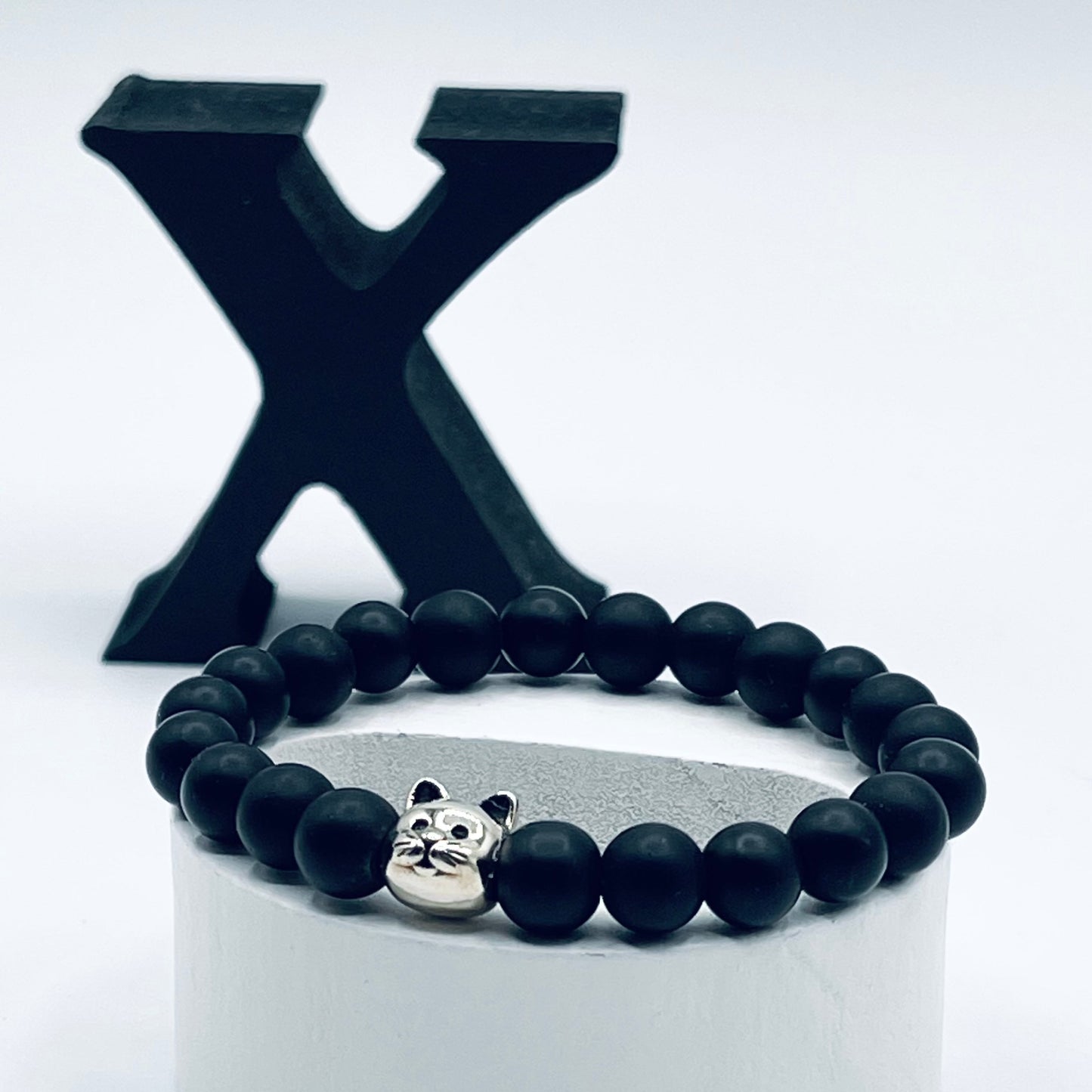 Enamel Finish Sterling Silver Cat Charm Bracelet with Black Matte Agae 8mm Beads