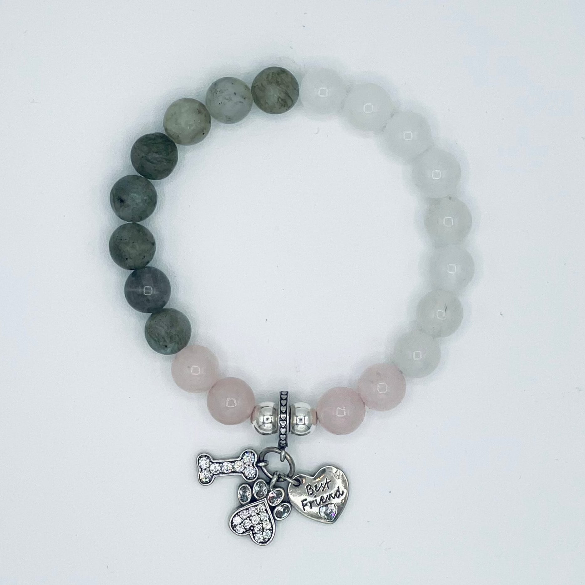 Rose Quartz, Gray Labradorite, White Chalcedony and Sterling Silver and crystal Charms