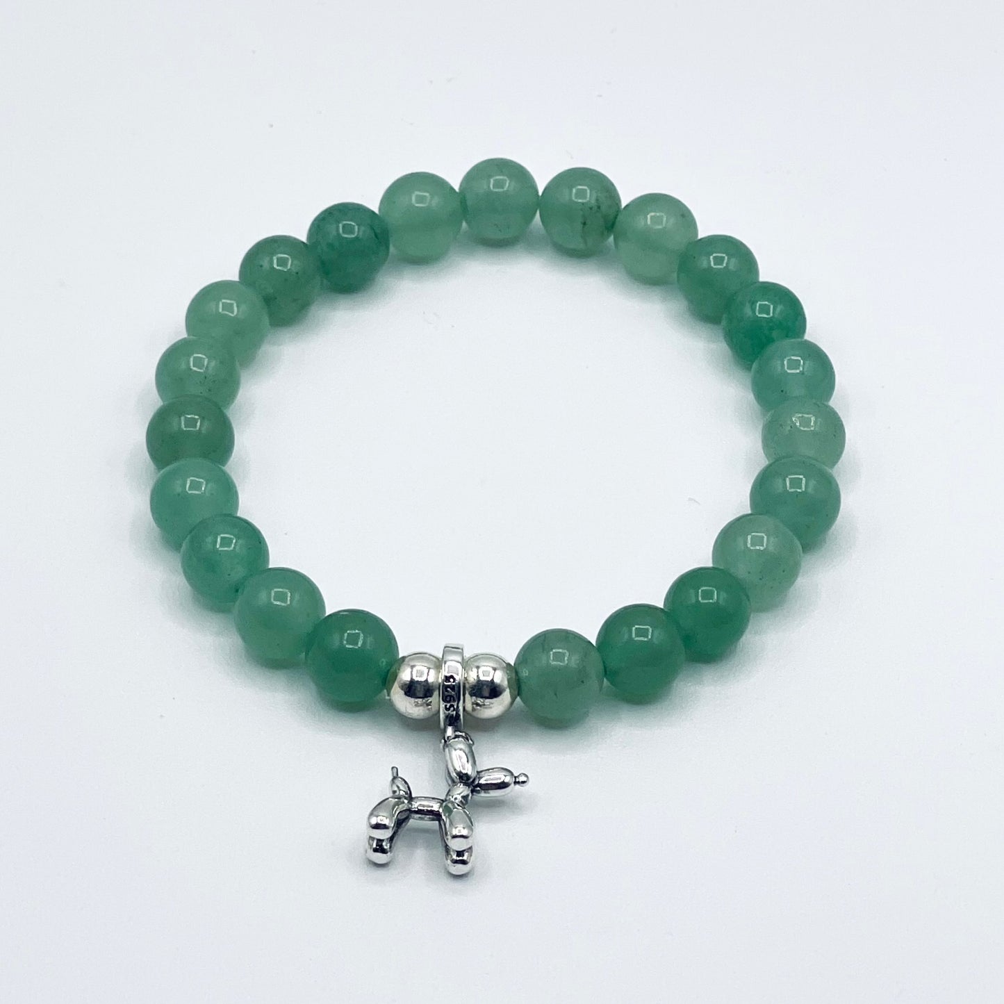 Green Aventurine 8mm gemstone Bracelet with Sterling Silver 925 Ballon Dog Charm