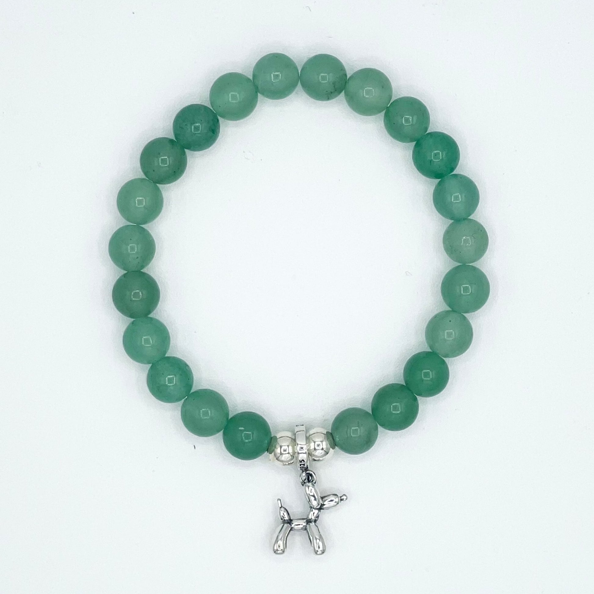 Green Aventurine 8mm gemstone Bracelet with Sterling Silver Ballon Dog Charm and sterling silver beads