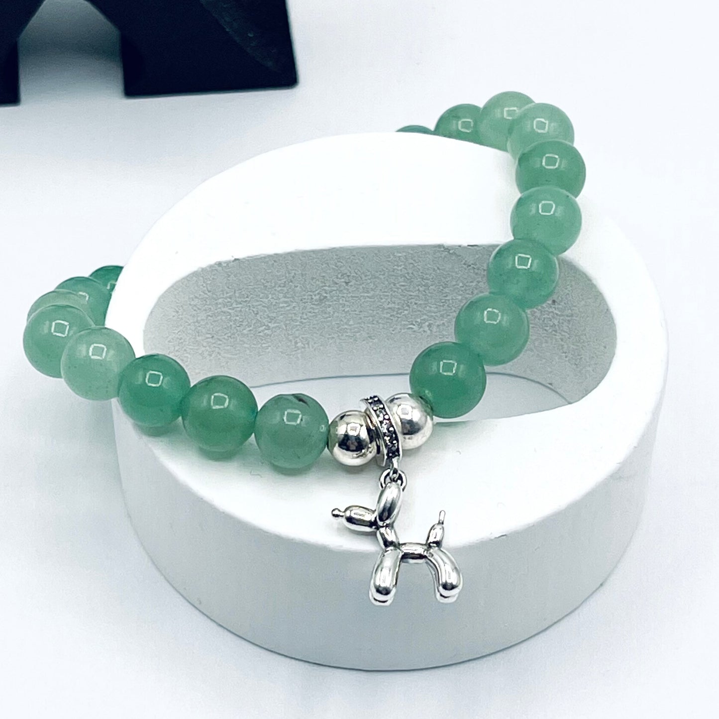 Green Aventurine 8mm gemstone Bracelet with Sterling Silver Ballon Dog Charm and silver beads