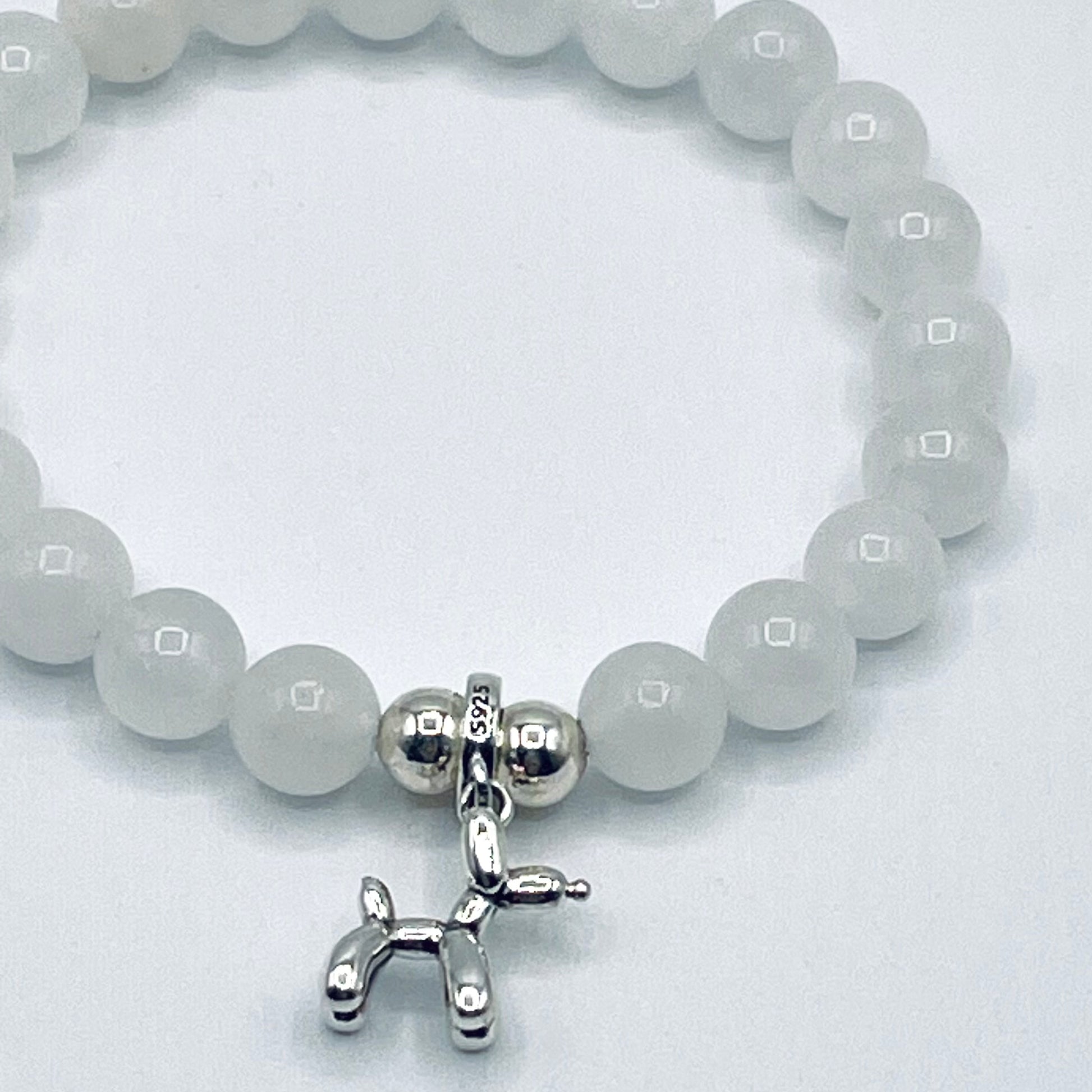 925 Silver Pet Charm Bracelet, White Chalcedony gift for dog lover