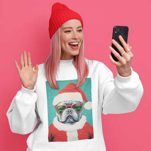 Woman wearing Frenchie Sweater, frenchie is wearing a santa claus suit and glasses