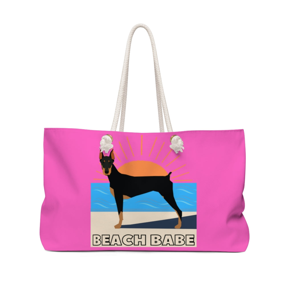 Back View Beach Babe Doberman Pinscher Weekender Bag | Hot Pink Beach Bag | Doberman Tote Bag | Beach Bag | Gift For Mom | Dog Mom Gift | Dog Lover