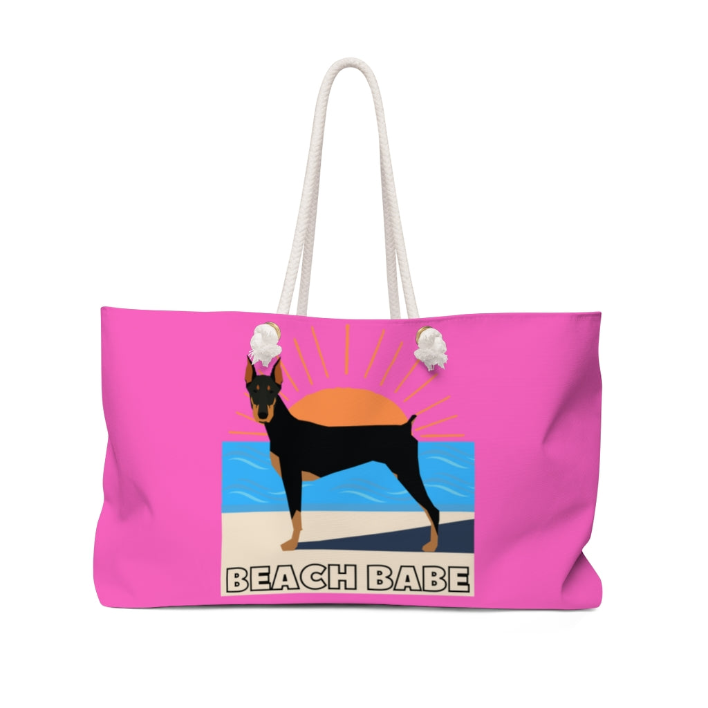 Front View Beach Babe Doberman Pinscher Weekender Bag | Hot Pink Beach Bag | Doberman Tote Bag | Beach Bag | Gift For Mom | Dog Mom Gift | Dog Lover