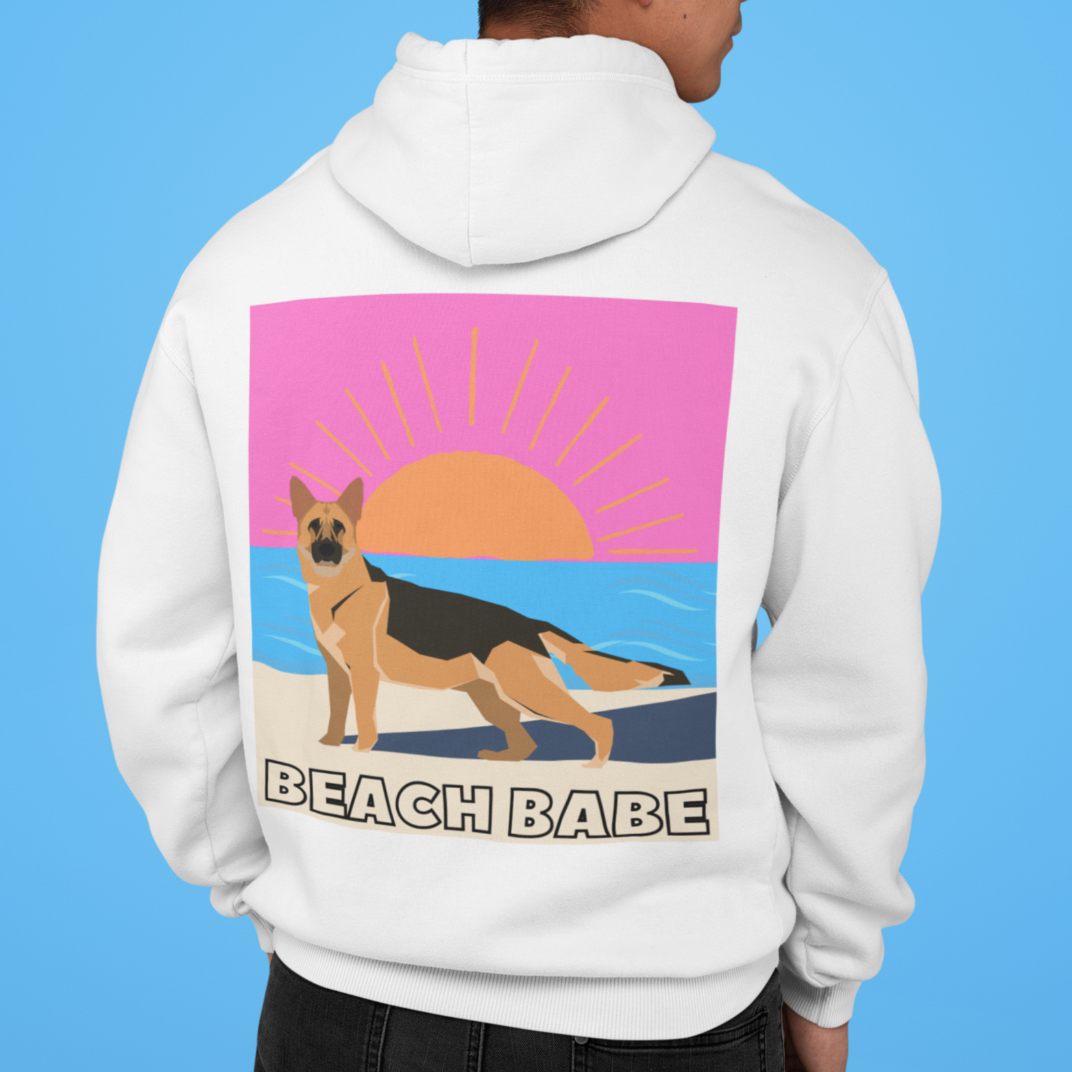 Our BEACH BABE graphic Hoodie Sweatshirt features a German Shepherd on a beach with hot pink graphic details. The perfect gift for mom, gift for sister, mother’s day, birthday or a gift for yourself xo. This is also available as well in T-Shirt and Crew Sweatshirt Styles.